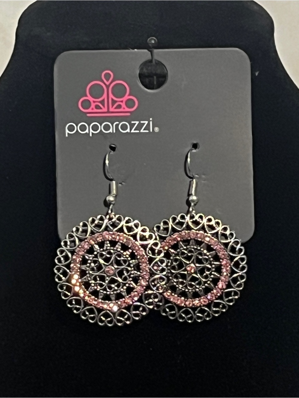 Paparazzi Silver Filigree Drop Earrings with Pink Crystals